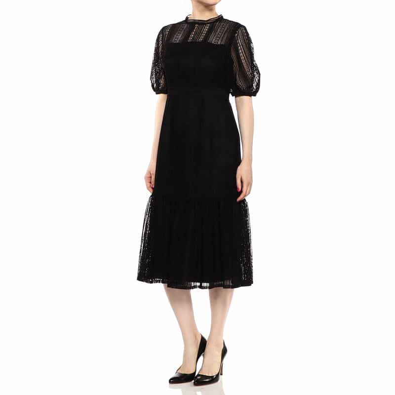 BARNEYS NEW YORK ウォッシャブルレースストライプゲストドレス BLACK