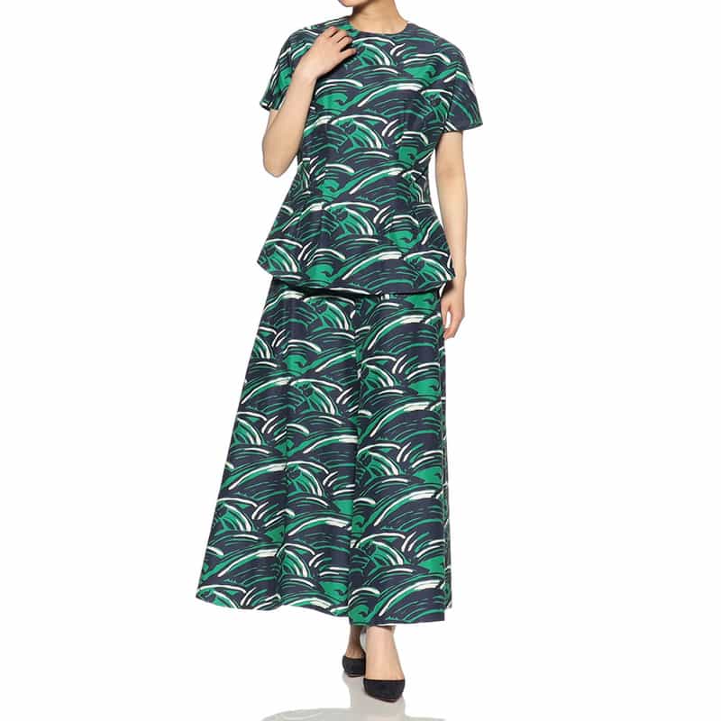 BARNEYS NEW YORK ウォッシャブルフレアプリントパンツ NAVY