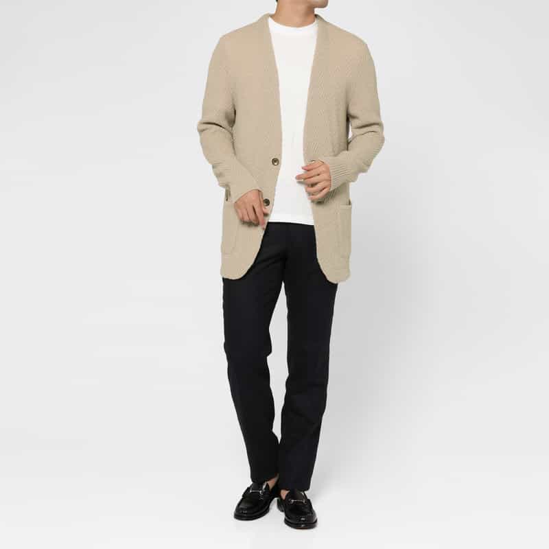 BARNEYS NEW YORK ヘリンボーン柄メリノウールノーカラーニットジャケット BEIGE