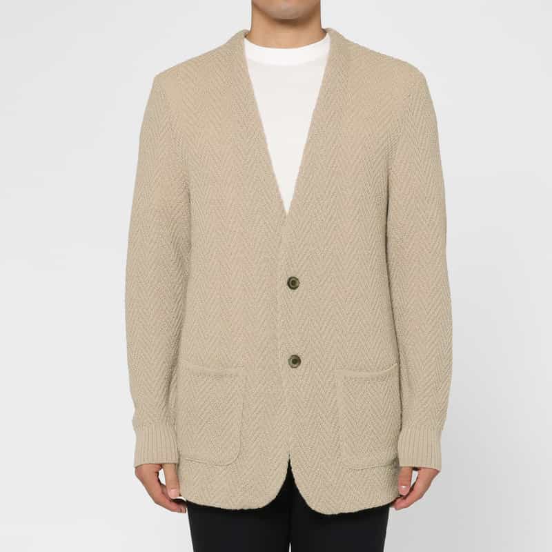 BARNEYS NEW YORK ヘリンボーン柄メリノウールノーカラーニットジャケット BEIGE