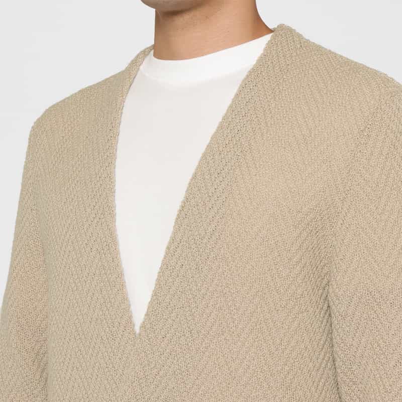 BARNEYS NEW YORK ヘリンボーン柄メリノウールノーカラーニットジャケット BEIGE