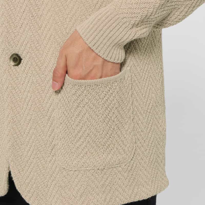 BARNEYS NEW YORK ヘリンボーン柄メリノウールノーカラーニットジャケット BEIGE