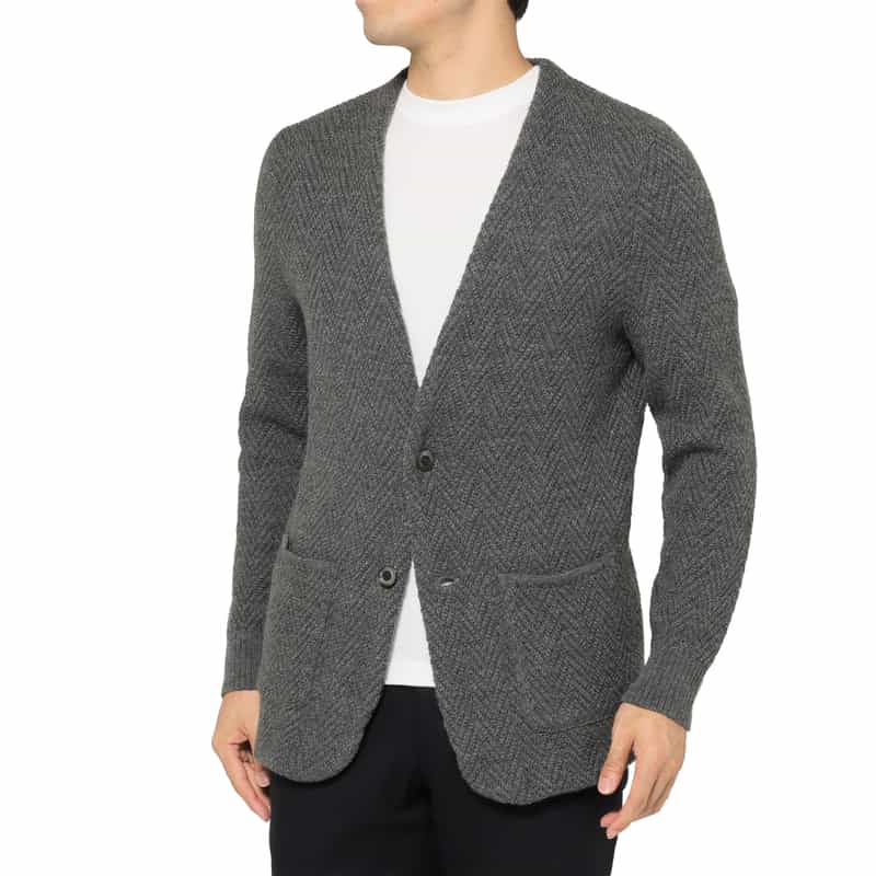 BARNEYS NEW YORK ヘリンボーン柄メリノウールノーカラーニットジャケット GRAY