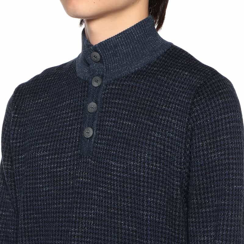 BARNEYS NEW YORK ジャカード千鳥柄ボタンニットプルオーバー NAVY