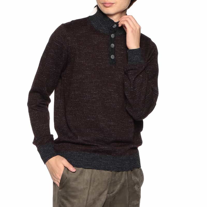 BARNEYS NEW YORK ジャカード千鳥柄ボタンニットプルオーバー WINE