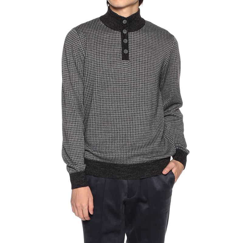 BARNEYS NEW YORK ジャカード千鳥柄ボタンニットプルオーバー GRAY