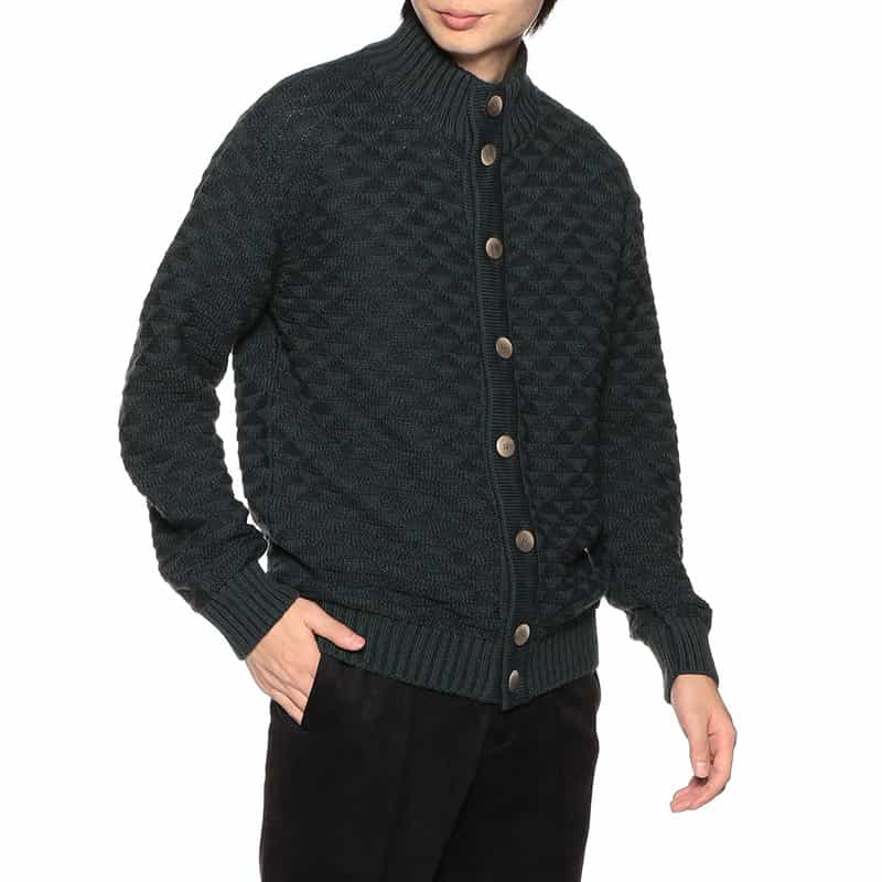 BARNEYS NEW YORK ジャカードスタンカラーニットカーディガン GREEN