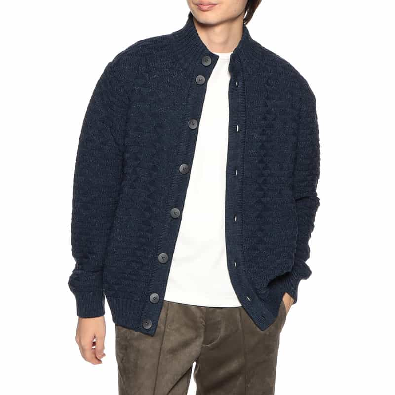 BARNEYS NEW YORK ジャカードスタンカラーニットカーディガン NAVY