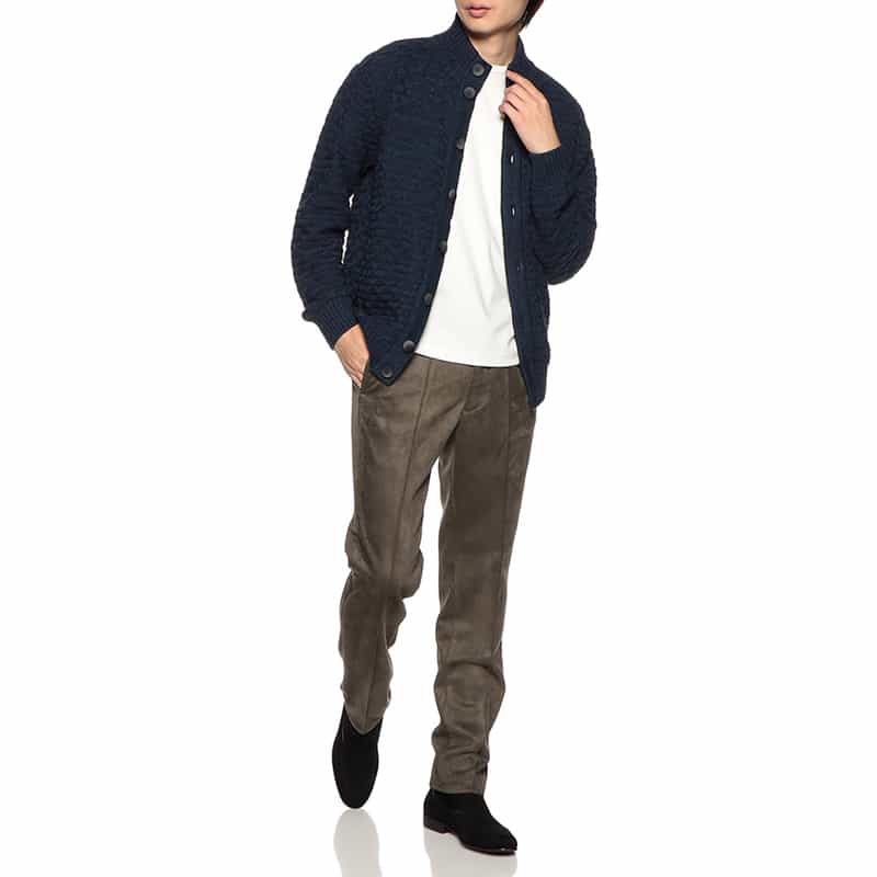 BARNEYS NEW YORK ジャカードスタンカラーニットカーディガン NAVY