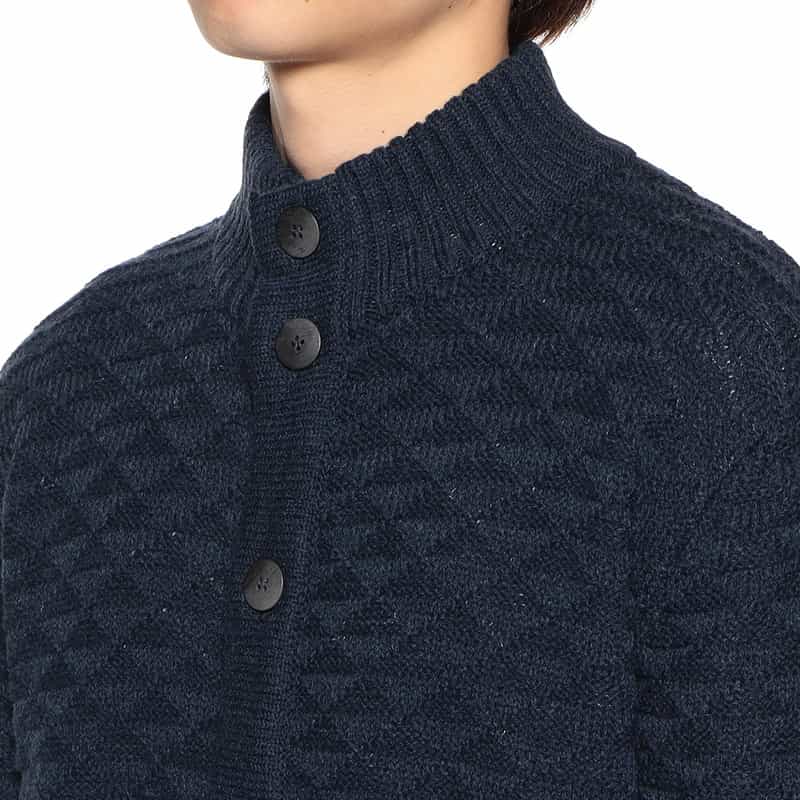 BARNEYS NEW YORK ジャカードスタンカラーニットカーディガン NAVY