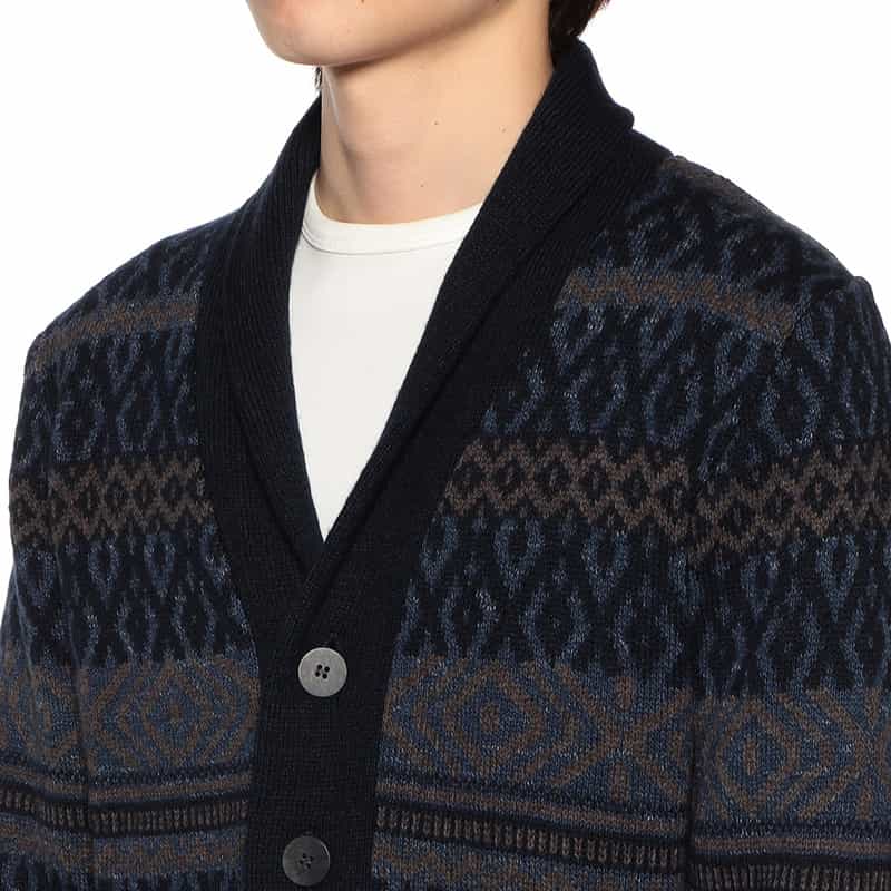 BARNEYS NEW YORK フェアアイル柄ショールカラーカーディガン NAVY