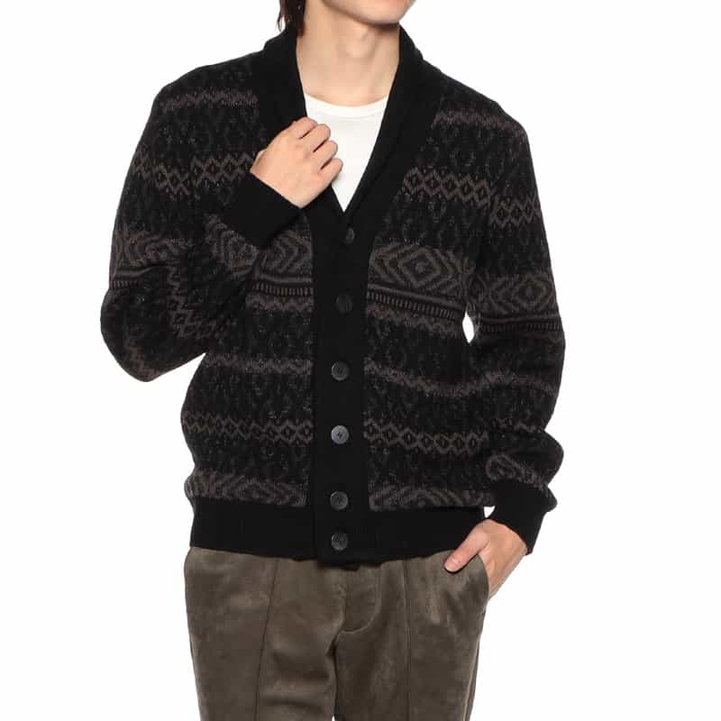 BARNEYS NEW YORK フェアアイル柄ショールカラーカーディガン BLACK