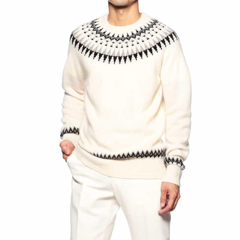 BARNEYS NEW YORK ノルディック柄カシミヤクルーネックニットプルオーバー IVORY