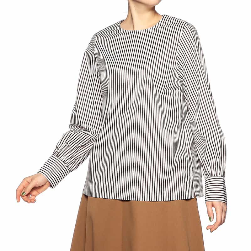 BARNEYS NEW YORK ウォッシャブル ドビーストライプ柄ブラウス BROWN
