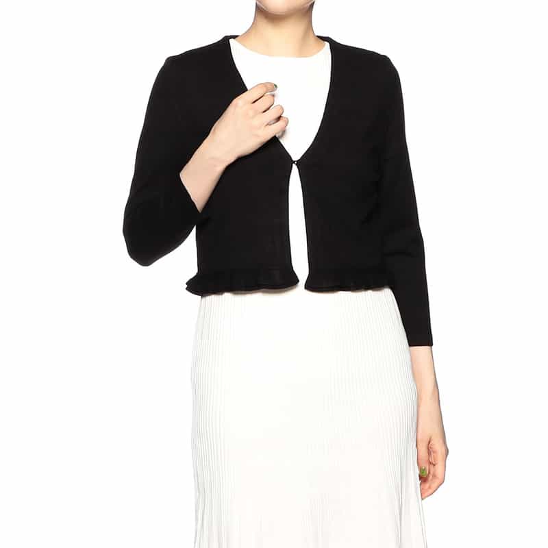 BARNEYS NEW YORK ウォッシャブルヘムフリルショートニットカーディガン BLACK