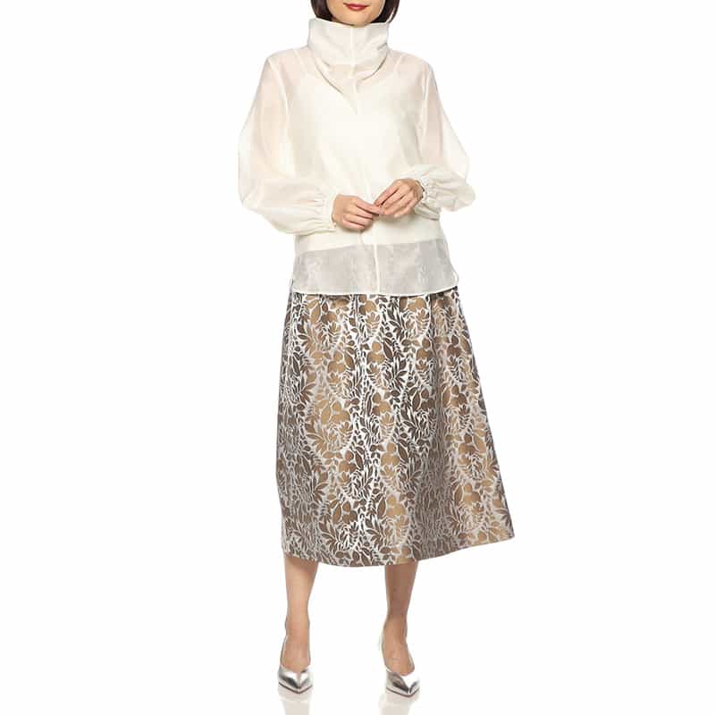 BARNEYS NEW YORK ウォッシャブルスタンドカラーボリュームシアーブラウス（キャミソール付き） WHITE