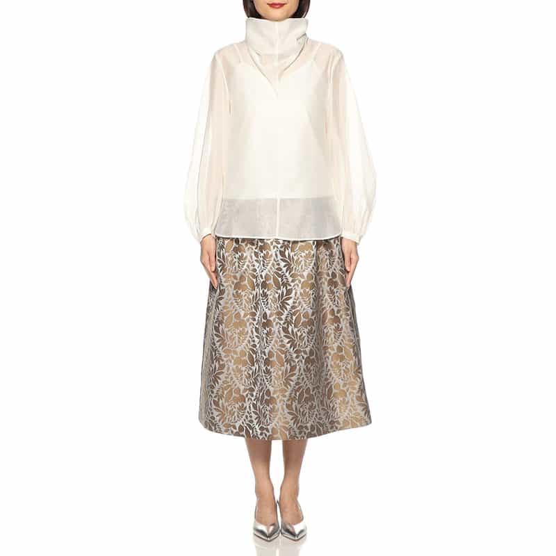 BARNEYS NEW YORK ウォッシャブルスタンドカラーボリュームシアーブラウス（キャミソール付き） WHITE