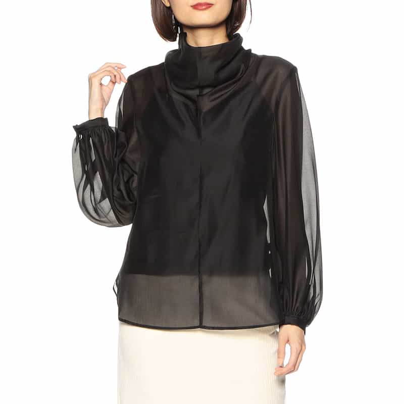 BARNEYS NEW YORK ウォッシャブルスタンドカラーボリュームシアーブラウス（キャミソール付き） BLACK