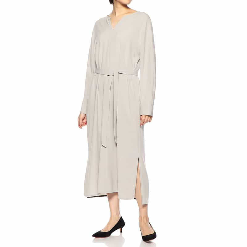 BARNEYS NEW YORK チョークストライプ柄スリットIラインドレス GRAY BEIGE