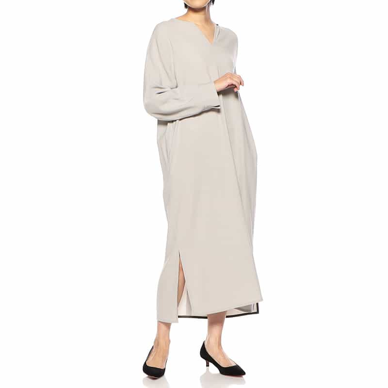 BARNEYS NEW YORK チョークストライプ柄スリットIラインドレス GRAY BEIGE