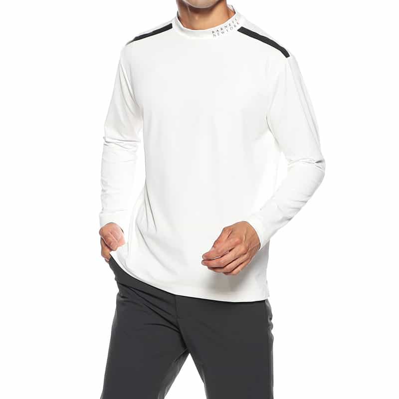 BARNEYS NEW YORK メッシュ切替モックネックストレッチカットソー WHITE