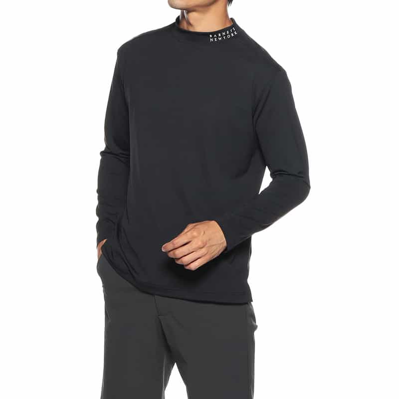 BARNEYS NEW YORK メッシュ切替モックネックストレッチカットソー BLACK