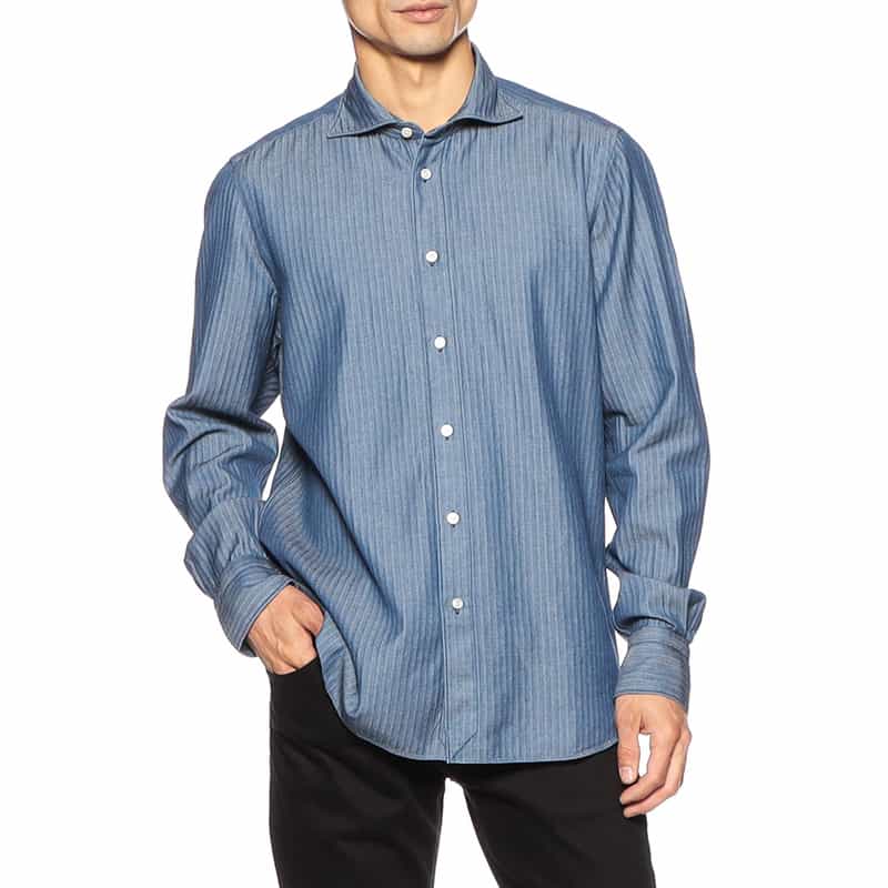 FINAMORE ヘリンボーン柄デニムシャツ NAVY