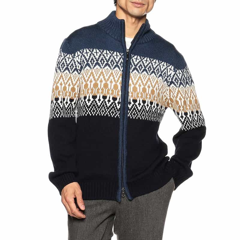 BARNEYS NEW YORK ノルディック柄フルジップカーディガン NAVY