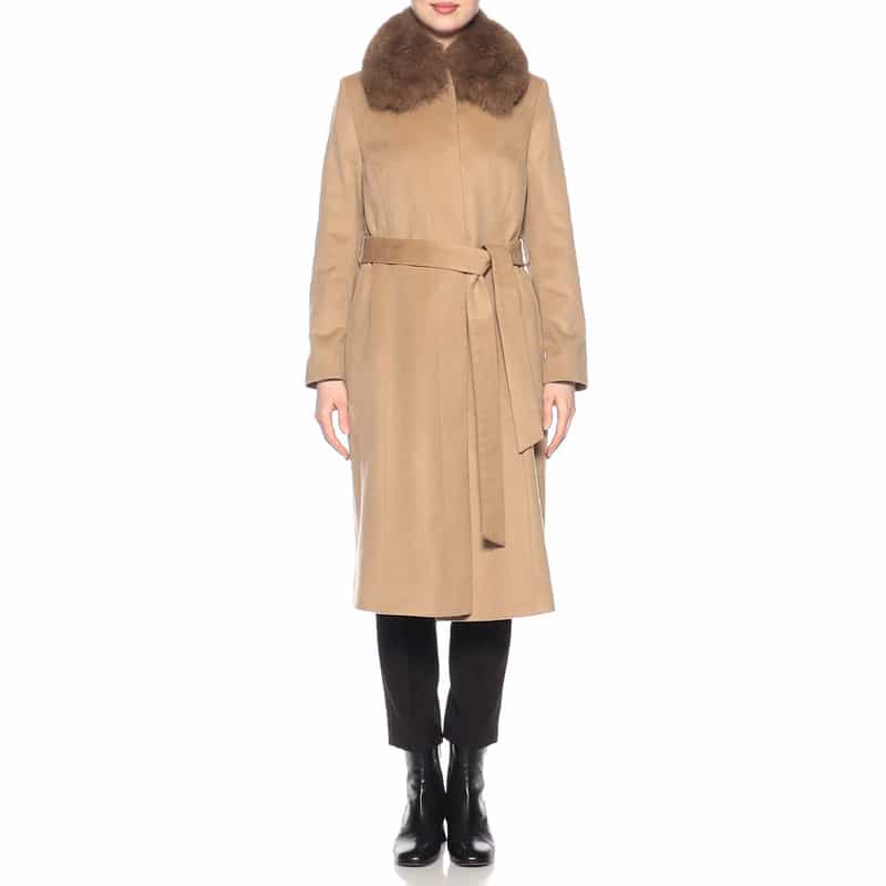 BARNEYS NEW YORK ファー襟付きカシミヤステンカラーコート CAMEL