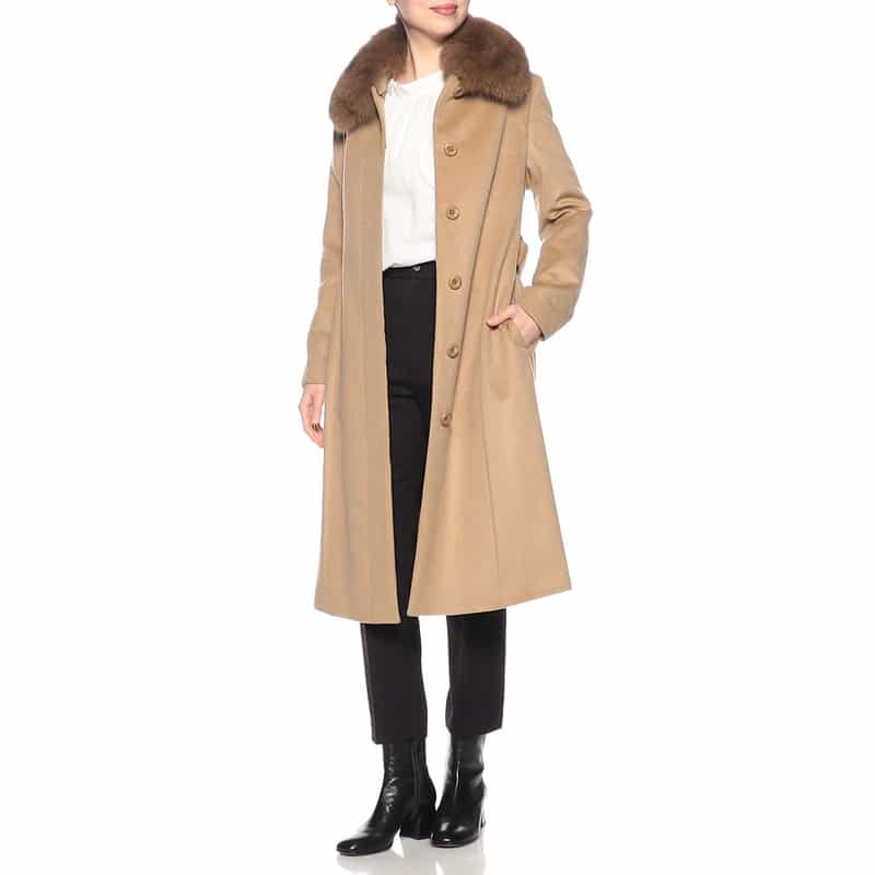 BARNEYS NEW YORK ファー襟付きカシミヤステンカラーコート CAMEL