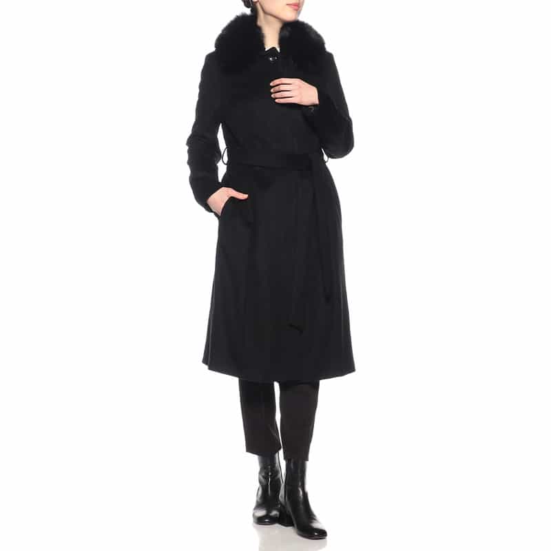 BARNEYS NEW YORK ファー襟付きカシミヤステンカラーコート BLACK