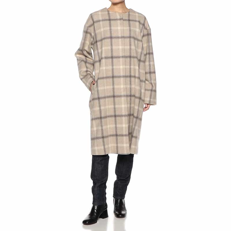 BARNEYS NEW YORK ウール素材 チェック柄ノーカラー コート BEIGE