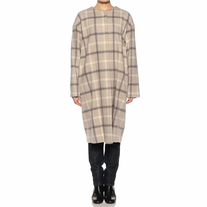 BARNEYS NEW YORK ウール素材 チェック柄ノーカラー コート BEIGE