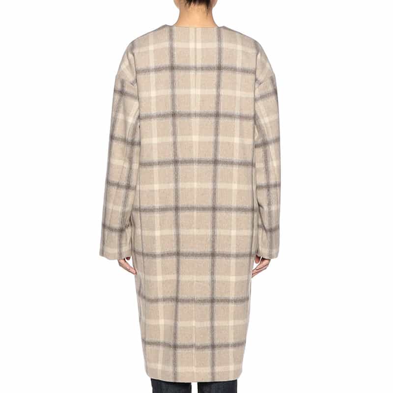 BARNEYS NEW YORK ウール素材 チェック柄ノーカラー コート BEIGE