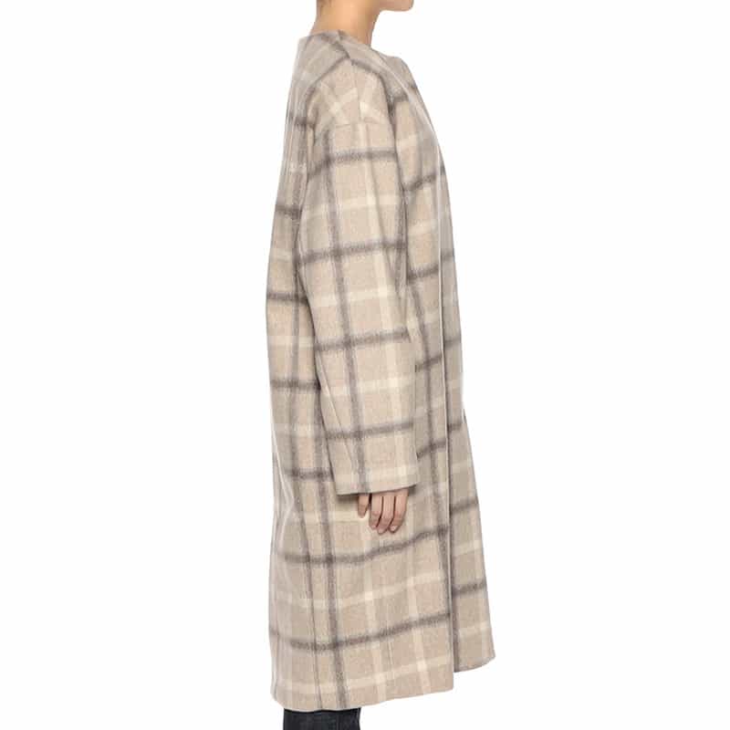 BARNEYS NEW YORK ウール素材 チェック柄ノーカラー コート BEIGE