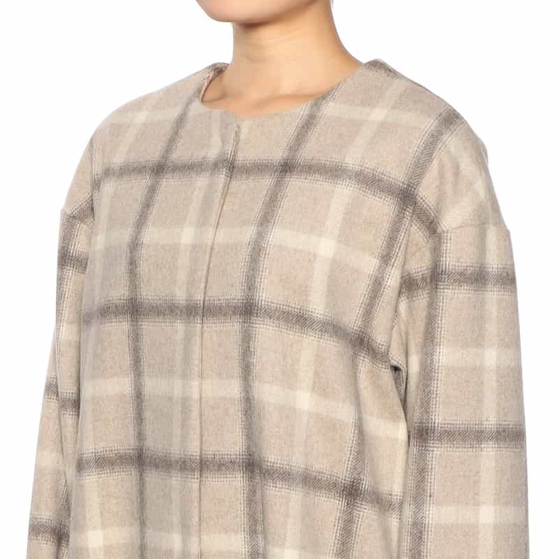 BARNEYS NEW YORK ウール素材 チェック柄ノーカラー コート BEIGE
