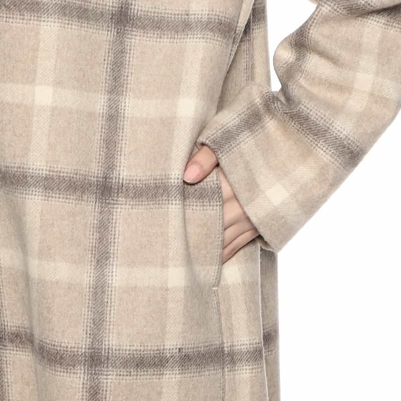 BARNEYS NEW YORK ウール素材 チェック柄ノーカラー コート BEIGE