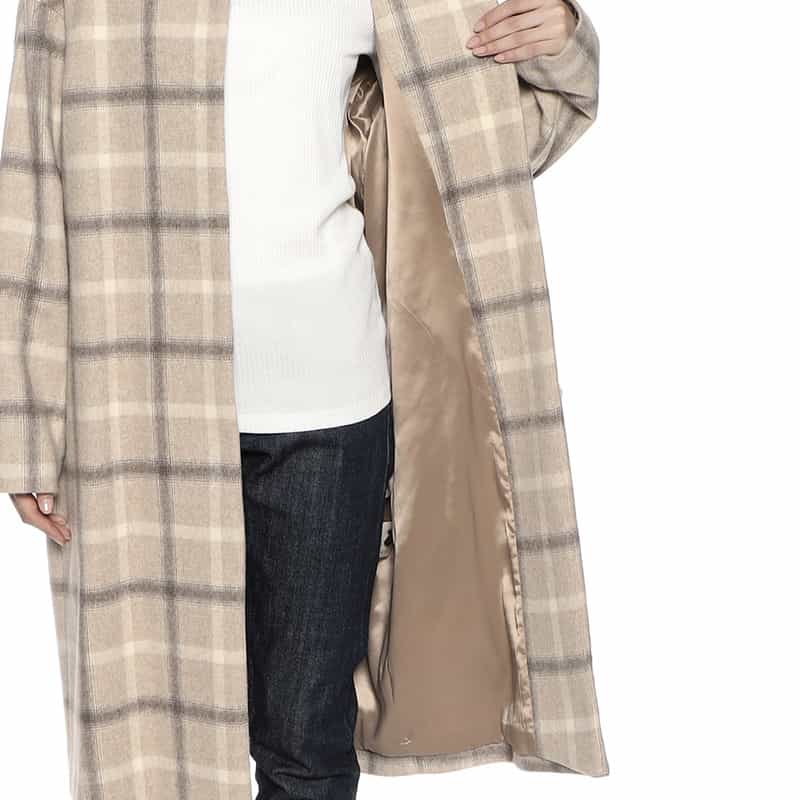 BARNEYS NEW YORK ウール素材 チェック柄ノーカラー コート BEIGE