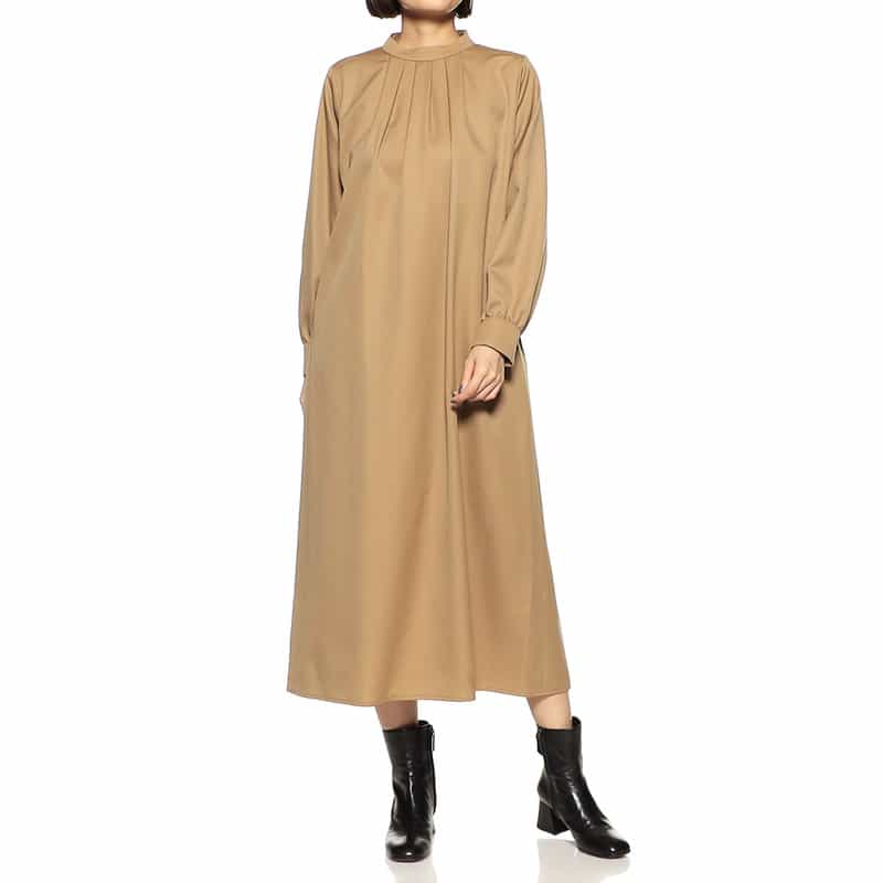 BARNEYS NEW YORK ウォッシャブルバンドカラータックドレス CAMEL