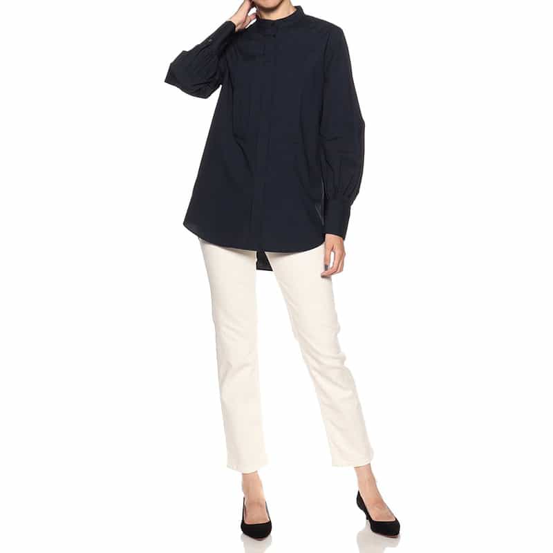 BARNEYS NEW YORK ウォッシャブルバンドカラーシャツ NAVY