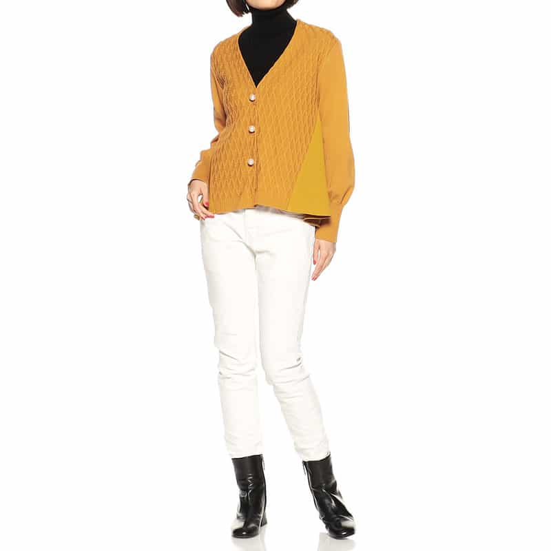 BARNEYS NEW YORK コンビネーションフレアニットカーディガン MUSTARD