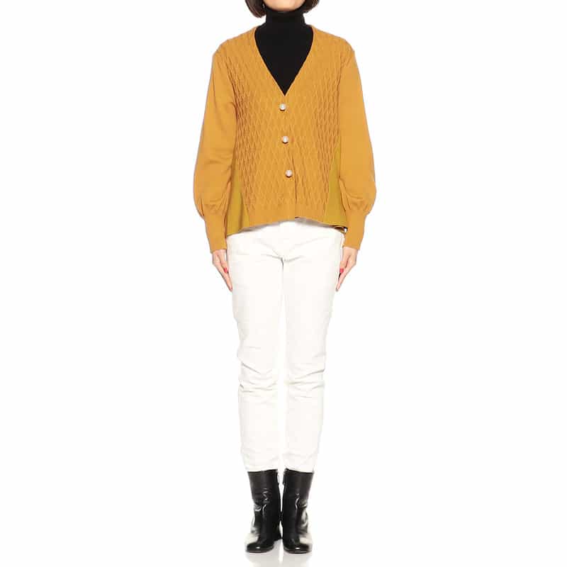 BARNEYS NEW YORK コンビネーションフレアニットカーディガン MUSTARD