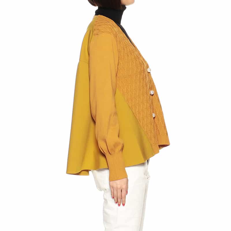 BARNEYS NEW YORK コンビネーションフレアニットカーディガン MUSTARD
