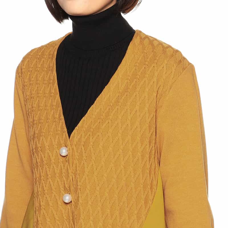 BARNEYS NEW YORK コンビネーションフレアニットカーディガン MUSTARD