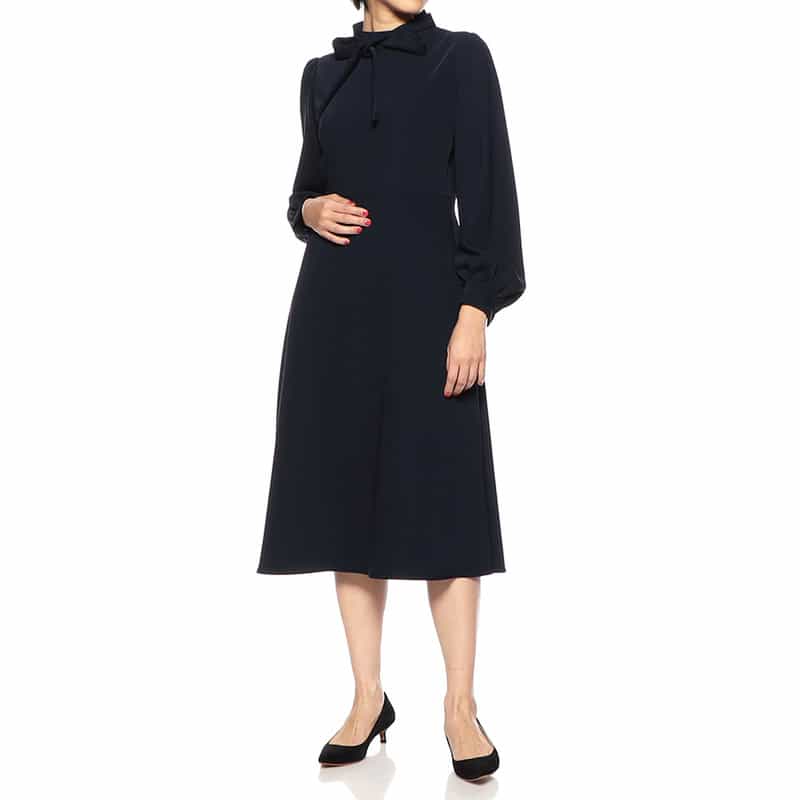 BARNEYS NEW YORK ウォッシャブル ハイウエストフレアドレス NAVY