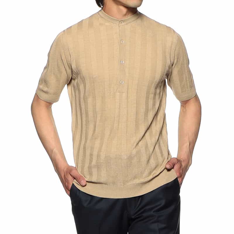 FILIPPO DE LAURENTIIS シルク×リネン 半袖ヘンリーネックニットプルオーバー BEIGE