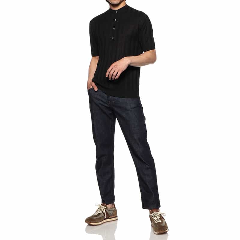 FILIPPO DE LAURENTIIS シルク×リネン 半袖ヘンリーネックニットプルオーバー BLACK