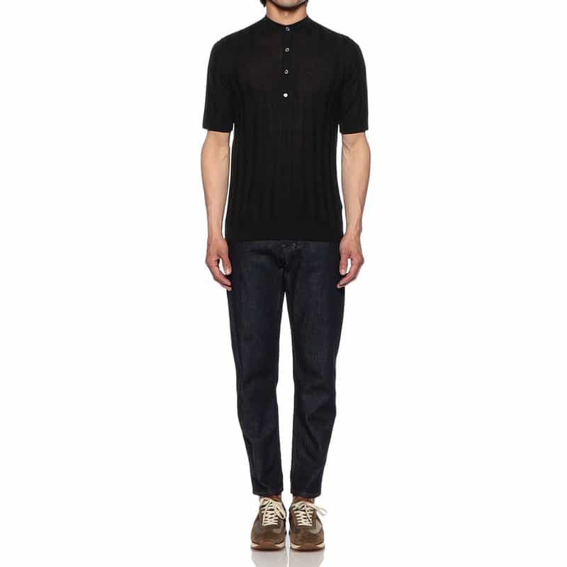 FILIPPO DE LAURENTIIS シルク×リネン 半袖ヘンリーネックニットプルオーバー BLACK
