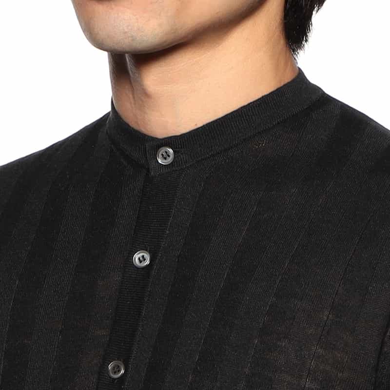 FILIPPO DE LAURENTIIS シルク×リネン 半袖ヘンリーネックニットプルオーバー BLACK