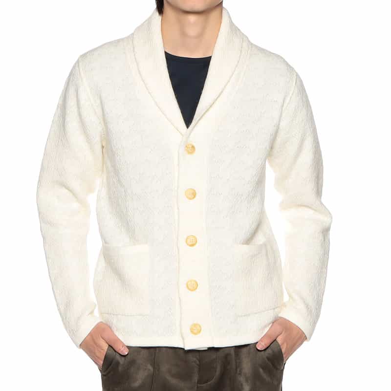 BARNEYS NEW YORK ジャカード千鳥柄ショールカラーカーディガン WHITE